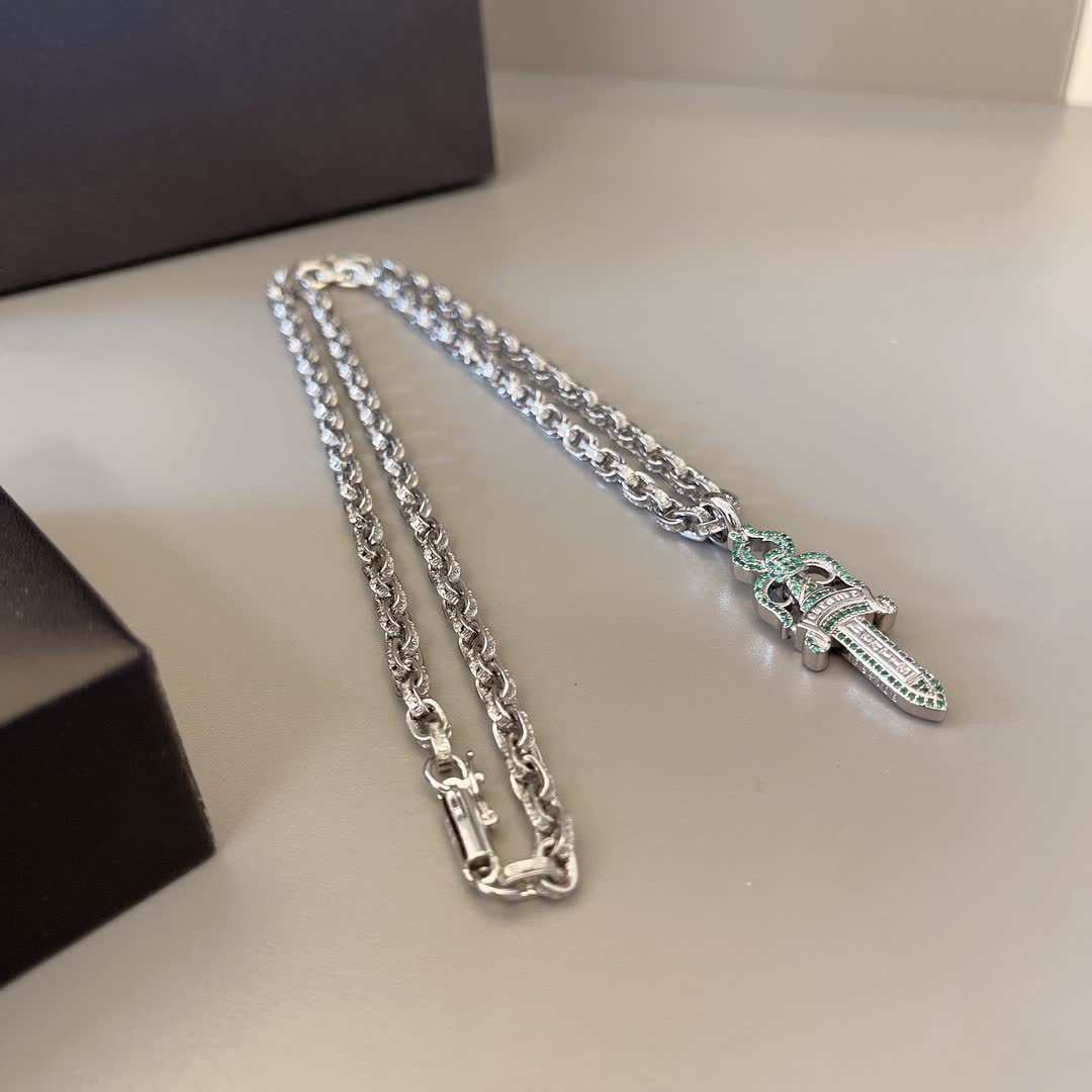 Chrome Hearts Silver Chain with Green Sword Pendant